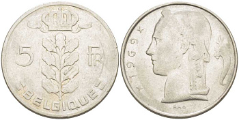 БЕЛЬГИЯ 5 ФРАНКОВ 1969 BELGIQUE, БОДУЭН I (1951-1993) KM 134.1 медно-никель 213-557