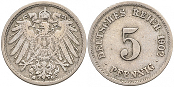 ГЕРМАНИЯ 5 ПФЕННИГОВ 1902 G, KM 11, J. 12 медно-никель 73-1556