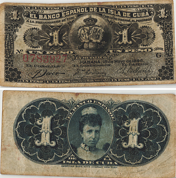 Куба 1 песо 1896 серия G, королева регент Мария Кристина, Испанский банк для Кубы Pick 47а бумага 8604-36-1-2