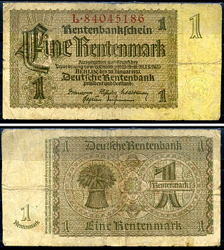 Германия 1 рентенмарка 1937 30 января 1937, восемь цифр в номере, серия L Pick 173 b, Rosenberg 166 b бумага 7376-36-2-1