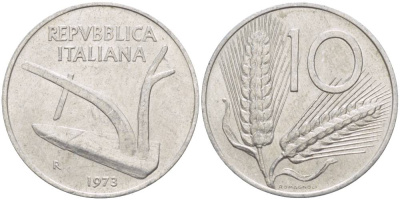 ИТАЛИЯ 10 ЛИР 1973 R, КОЛОСЬЯ, ПЛУГ KM 93 алюминий 4551-217