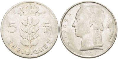 БЕЛЬГИЯ 5 ФРАНКОВ 1969 BELGIQUE, БОДУЭН I (1951-1993) KM 134.1 медно-никель 213-557