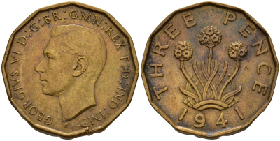 Великобритания 3 пенса 1941 Георг VI (1936-1952) KM 849, Spink 4112 никель латунь  4603-857