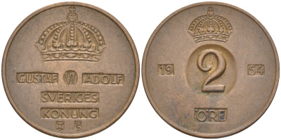 Швеция 2 эре 1954 TS, Густав VI Адольф (1950-1973) KM 821 бронза 98-114