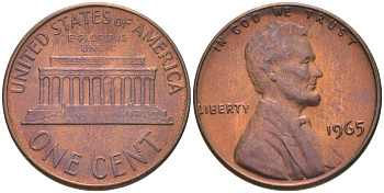 США 1 ЦЕНТ 1965 ЛИНКОЛЬН KM 201 медь цинк UNC 187-1151