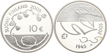 Финляндия 10 евро 2005 60 лет мира в Европе, голубь мира KM 120 серебро PROOF 113-326-12