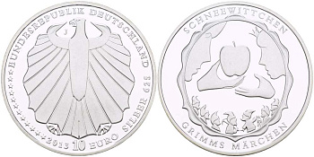 ФРГ 10 евро 2013 J, СКАЗКА БЕЛОСНЕЖКА БРАТЬЕВ ГРИММ KM 321 серебро PROOF 1084-7-72
