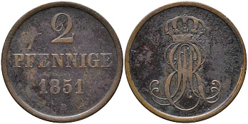 Ганновер 2 пфеннига 1851 В, Эрнст Август (1837-1851) KM 202.1 медь 4448-1055