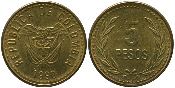 Колумбия 5 песо 1990 KM 280 алюминиевая бронза 4528-554