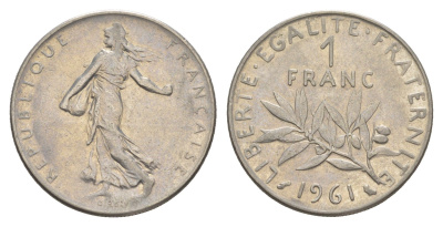 Франция 1 франк 1961 сеятель KM 925 никель 4539-1223