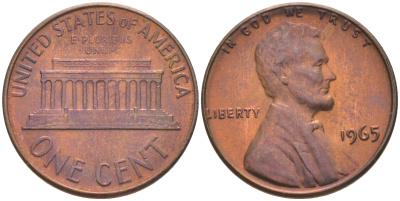 США 1 ЦЕНТ 1965 ЛИНКОЛЬН KM 201 медь цинк UNC 187-1151