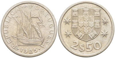 ПОРТУГАЛИЯ 2,5 ЭСКУДО 1985 ПАРУСНИК KM 590 медно-никель 4523-1117