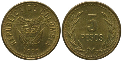 Колумбия 5 песо 1990 KM 280 алюминиевая бронза 4528-554