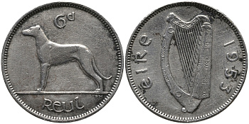 ИРЛАНДИЯ 6 ПЕНСОВ 1953 ИРЛАНДСКИЙ ВОЛКОДАВ KM 13а медно-никель 4387-1058