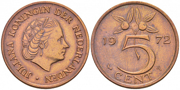 Нидерланды 5 центов 1972 Юлиана (1948-1980) KM 181 бронза 3856-957