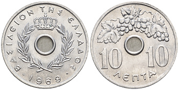Греция 10 лепта 1969 Константин II (1964-1973), виноградная гроздь KM 78 алюминий UNC 87-317