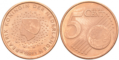 Нидерланды 5 евроцентов 2008 KM 236 сталь плакированная медью UNC 186-247