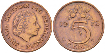 Нидерланды 5 центов 1972 Юлиана (1948-1980) KM 181 бронза 3856-957