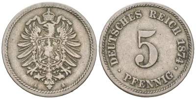 Германия 5 пфеннигов 1874 A, Вильгельм I (1871-1888) KM 3, J. 3 медно-никель 4615-724