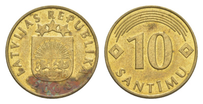 Латвия 10 сантимов 2008 KM 17 никель латунь 3999-1167
