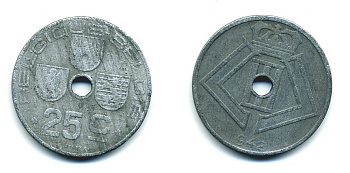 БЕЛЬГИЯ 25 САНТИМОВ 1942 BELGIQUE-BELGIE, ГЕРМАНСКАЯ ОККУПАЦИЯ, ВТОРАЯ МИРОВАЯ ВОЙНА KM 131 цинк 57-236