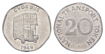 Великобритания транспортный жетон в 20 пенсов - CVD6 Bus 1949 ND (1973-2014) диаметр 25 мм, вес 1,5 гр алюминий 4656-354