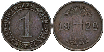 Германия 1 рейхспфенниг 1929 A KM 37, J. 313 бронза 192-959