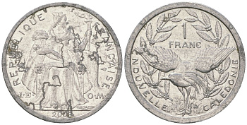 Французская Новая Каледония 1 франк 2008 птица кагу, (IEOM) KM 10, Schoen 10 алюминий 55-614