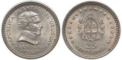 Уругвай 25 сентесимо 1960 KM 40 медно-никель 4169-936
