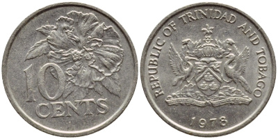 Тринидад и Тобаго 10 центов 1978 цветок гибискуса KM 31 медно-никель 4396-867