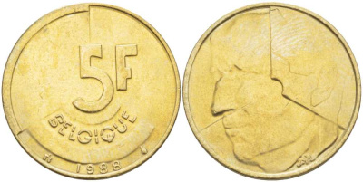 БЕЛЬГИЯ 5 ФРАНКОВ 1988 BELGIQUE KM 163 латунь или алюминиевая бронза 4391-311