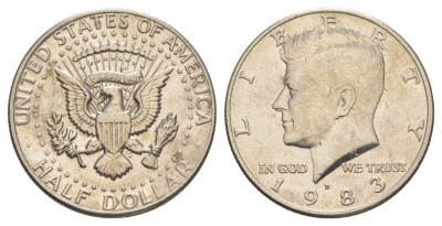 США 1/2 доллара (50 центов) 1983 D, Джон Кеннеди KM A202b медь плакированная медно-никелем aUNC 180-441