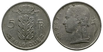 Бельгия 5 франков 1949 Леопольд III (1934-1950), Belgique KM 134.1 медно-никель 4384-127