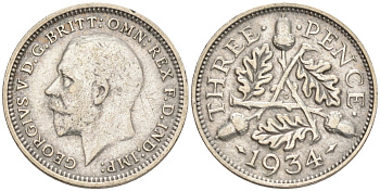 Великобритания 3 пенса 1934 Георг V (1910-1936) KM 831, Spink 4042 серебро 192-213