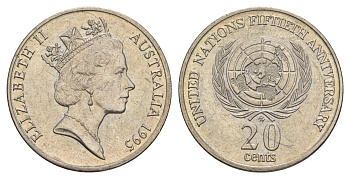 Австралия 20 центов 1995 50 лет ООН KM 295 медно-никель UNC 4631-1146