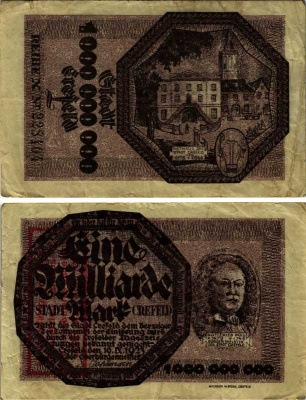 КРЕФЕЛЬД, ГЕРМАНИЯ 1000000000 МАРОК 1923 НОТГЕЛЬД, ЗЕМЛЯ СЕВЕРНЫЙ РЕЙН-ВЕСТФАЛИЯ, 10 СЕНТЯБРЯ 1923 ARNOLD KELLER 912 z бумага 8518-46-1-1