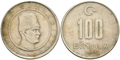 Турция 100000 лир 2001 Мустафа Кемаль Ататюрк KM 1106 медь никель цинк 4364-1857