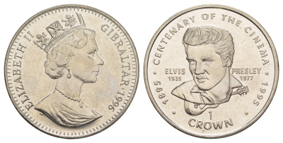 Гибралтар 1 крона 1996 100 лет кино. Элвис Пресли KM 465 медно-никель UNC 1082-4-33
