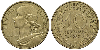 Франция 10 сантимов 1987 тип Marianne KM 929, Le Franc 144.27 медь алюминий никель 4128-214