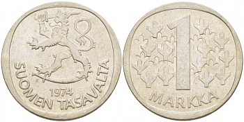 ФИНЛЯНДИЯ 1 МАРКА 1974 S KM 49а медно-никель 3718-1243