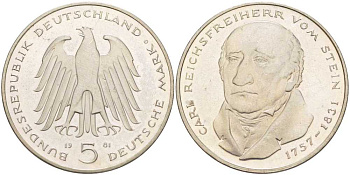 ФРГ 5 марок 1981 G, 150 лет со дня смерти Карла фон Штейна KM 155, J. 430 медно-никель плакированный никелем 180-1036