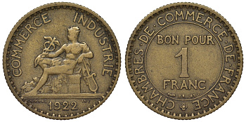 Франция 1 франк 1922 тип Chambres de Commerce KM 876, Le Franc 218.4 алюминиевая бронза 4128-256