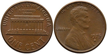 США 1 ЦЕНТ 1975 D, ЛИНКОЛЬН KM 201 медь цинк 66-1017