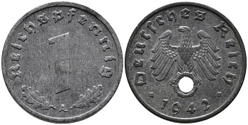 ГЕРМАНИЯ 1 РЕЙХСПФЕННИГ 1942 A KM 97, J.369 цинк 96-736
