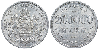 Гамбург 200000 марок 1923 Funck 636.1, Men18 13079.17 алюминий  aUNC 4176-124