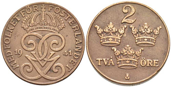 Швеция 2 эре 1941 Густав V (1907-1950) KM 778 бронза 119-1031