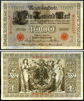 Германия 1000 марок 1910 21 апреля 1910, красная печать, номер семизначный, серия F, буква J, выпуск АПРЕЛЬ - ИЮЛЬ 1918 Pick 44 b бумага 7552-14-2-1