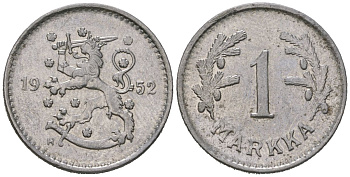 Финляндия 1 марк 1952 H KM 30b железо aUNC 4115-428