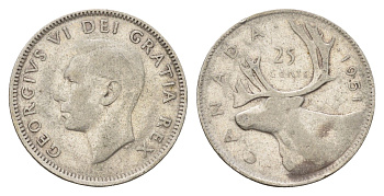 Канада 25 центов 1951 Георг VI (1936-1952), олень KM 44 серебро 181-333