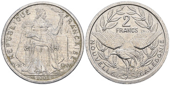 Французская Новая Каледония 2 франка 2002 птица кагу, (IEOM) KM 14, Schoen 11, Lec 68g алюминий    25-1032